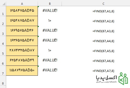 تابع find در اکسل- جستجوی عبارت مورد نظر از یک جایی به بعد