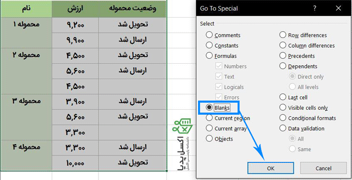 نوشتن فرمول مورد نظر برای پر کردن سلول های خالی با داده اصلی