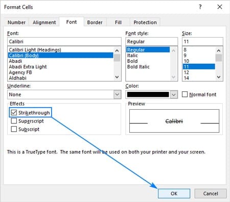 خط زدن محتوای یک سلول از طریق Format Cell