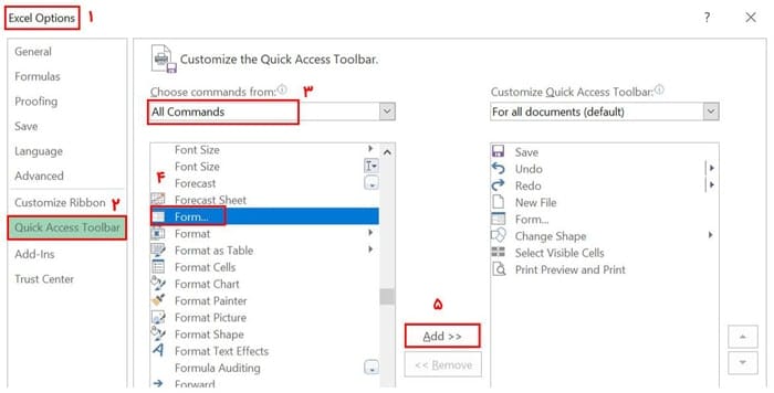 اضافه کردن ابزار Form به Quick Access Ribbon