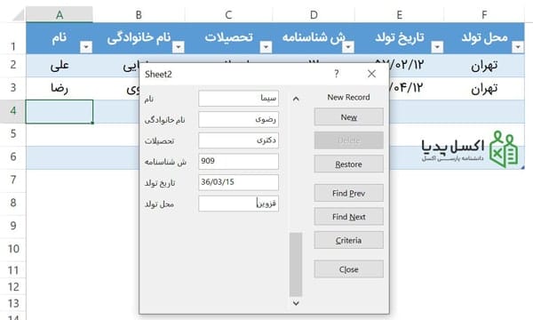 ورود اطلاعات از طریق فرم در اکسل