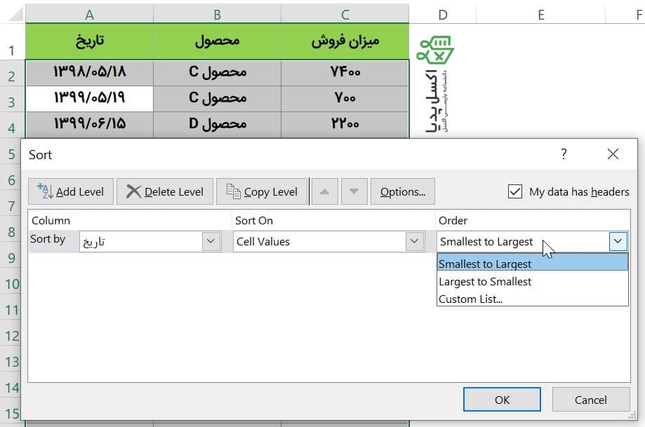 مرتب کردن داده های تاریخ با جنس عدد با استفاده از ابزار Sort
