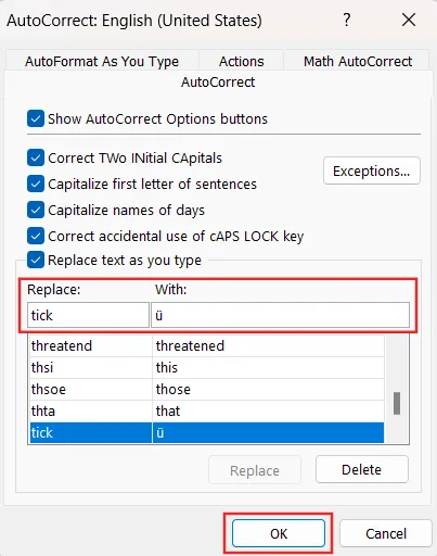 وارد کردن تیک در اکسل با AutoCorrect